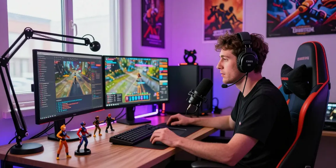 Streaming zu Hause mit dem Kauf von Twitch-Followern, lebendige Atmosphäre und technische Ausrüstung sichtbar.