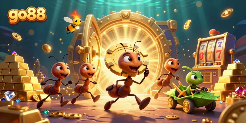Go88 ants carrying a giant poker chip in a vibrant, magical heist scene filled with treasures.