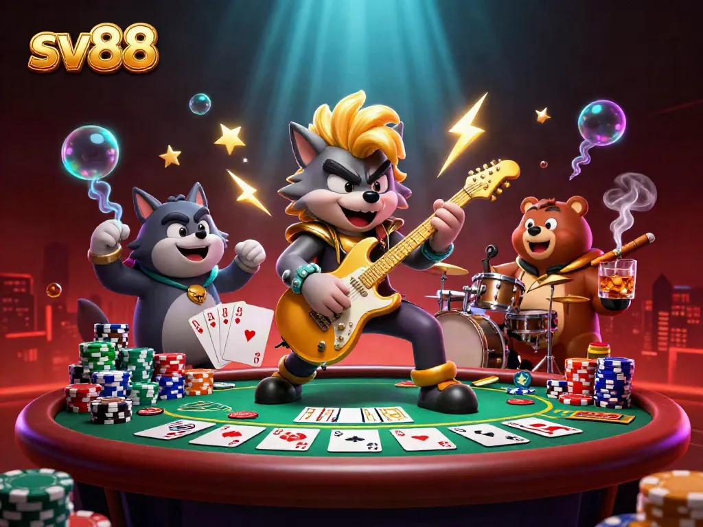 Engage in thrilling casino action at sv88 with a vibrant rock-star-themed scene showcasing poker and music.
