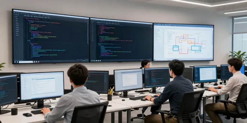 Entwicklerarbeitsplatz mit einem Team, das an Softwareprojekten arbeitet und moderne Technologien sowie Cloud-Lösungen nutzt, gg im Fokus.