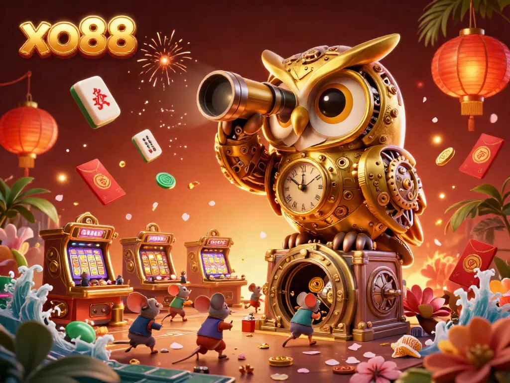 Experience winning thrills at xo88 with a vibrant, action-filled casino scene featuring golden owl and charming patrons.