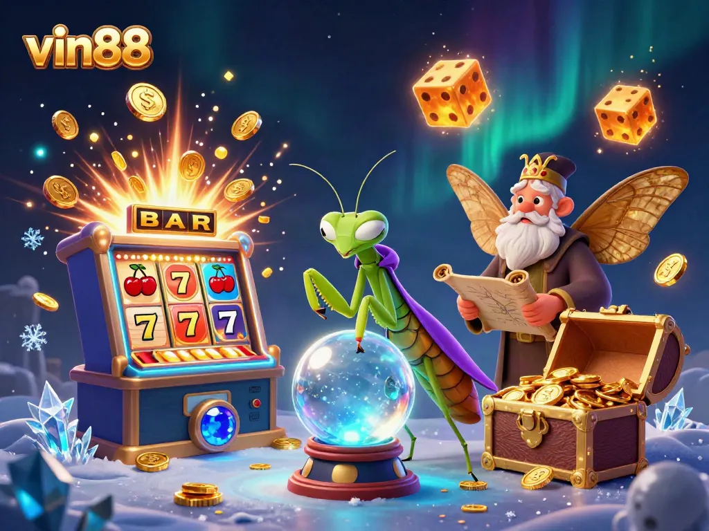 Experience the thrill of vin88 gaming with a mystical fortune teller, jackpot explosions, and colorful casino elements.