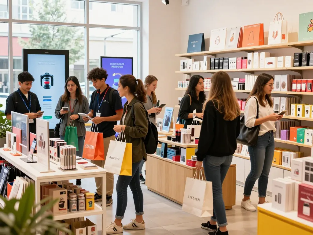 Sofort Lieferbar E-Commerce-Szene mit verschiedenen Käufern, die einen stilvollen Einzelhandelsraum mit bunten Produkten erkunden.