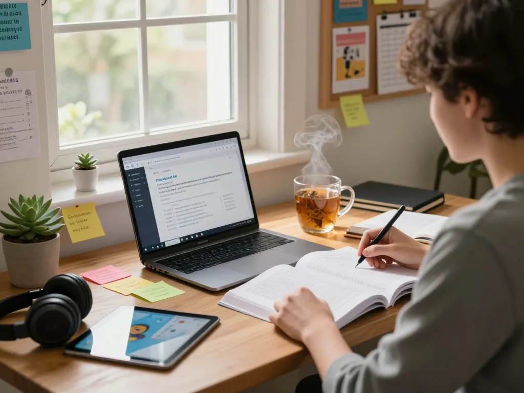 Student, der Hausaufgaben KI kostenlos in einem gemütlichen Lernraum mit Lehrbüchern und einem Laptop verwendet