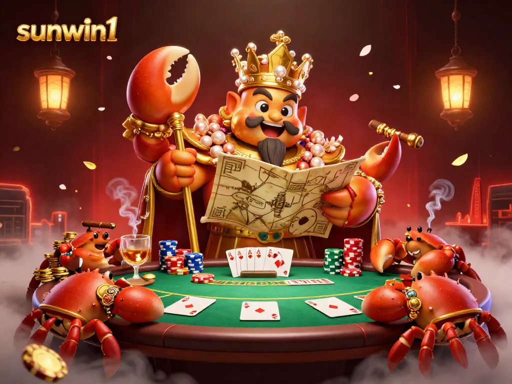 Experience thrilling gameplay at sunwin1 with a majestic golden crab emperor amid vibrant casino elements.