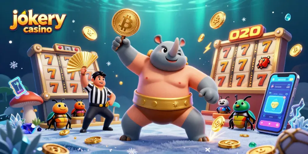 Experience the excitement of jokery casino with a dynamic illustration of a beetle champion amid flying coins and vibrant game elements.