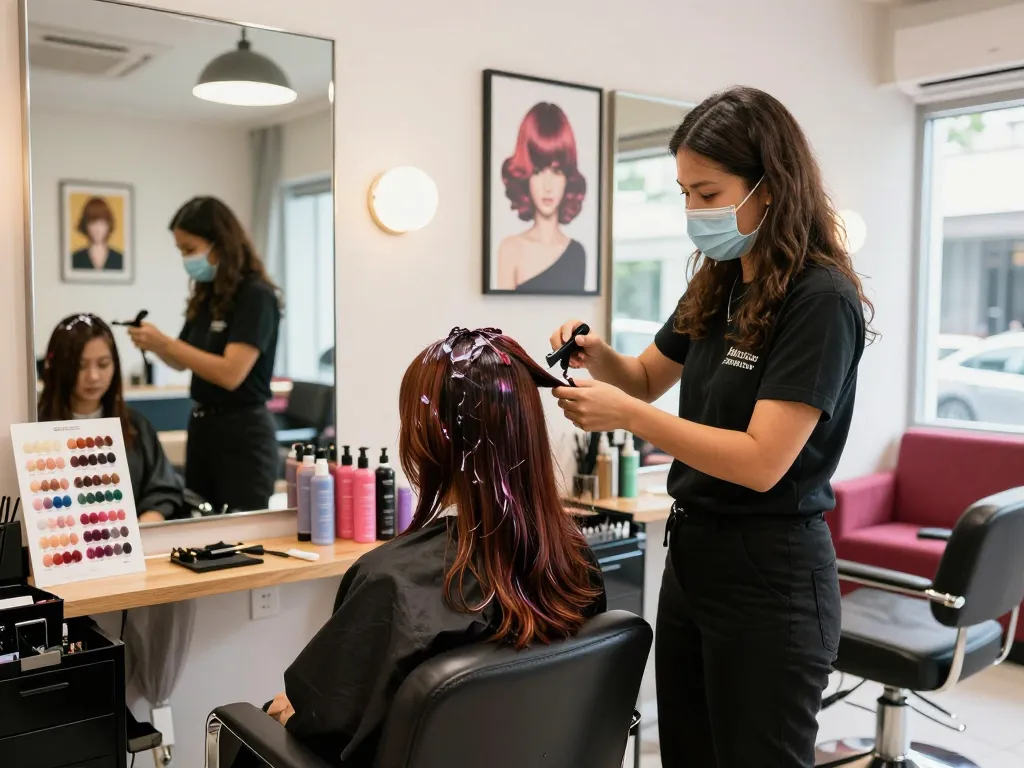Dynamic scene of a hair colourist Singapore transforming a client's look with vibrant hair dye in a chic salon.