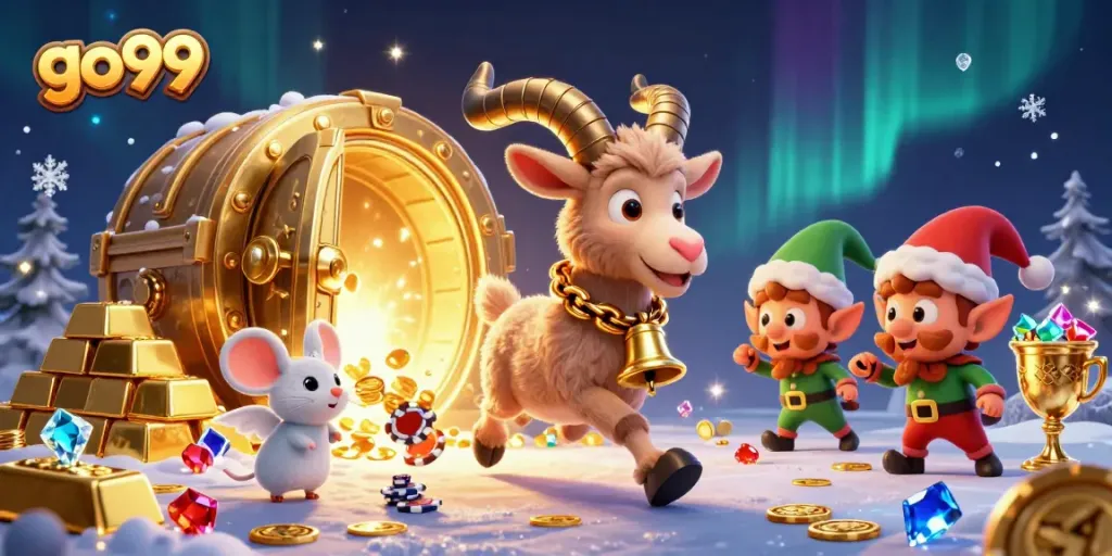 Engage with go99's festive gaming experience, featuring a chaotic casino scene with charming characters.