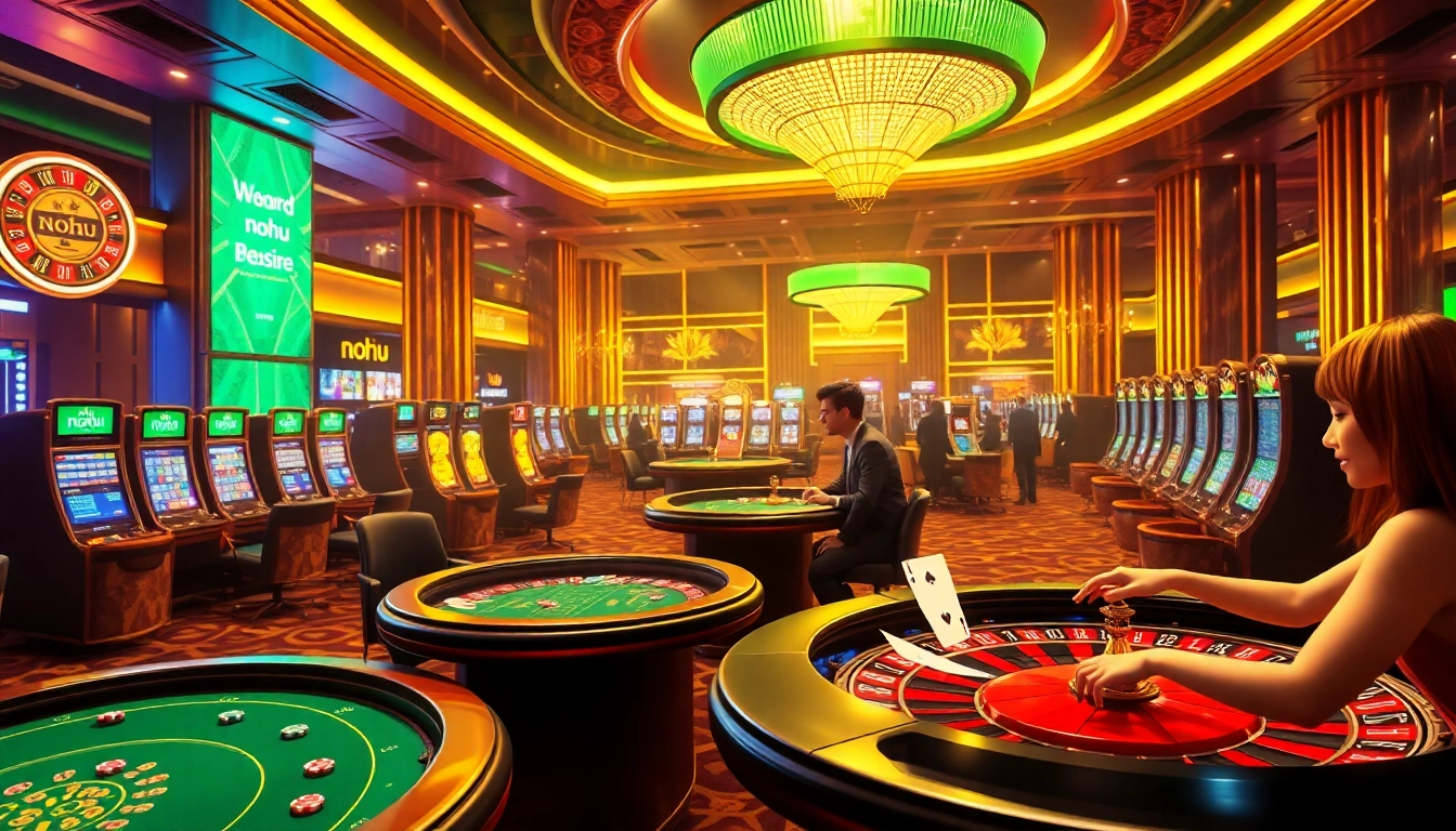 Experience thrilling gameplay at a luxurious casino showcasing nohu-themed roulette and poker tables.