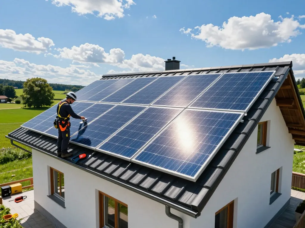 Photovoltaik Bayern Installation an einem sonnigen bayerischen Haus, das Lösungen für erneuerbare Energien demonstriert.