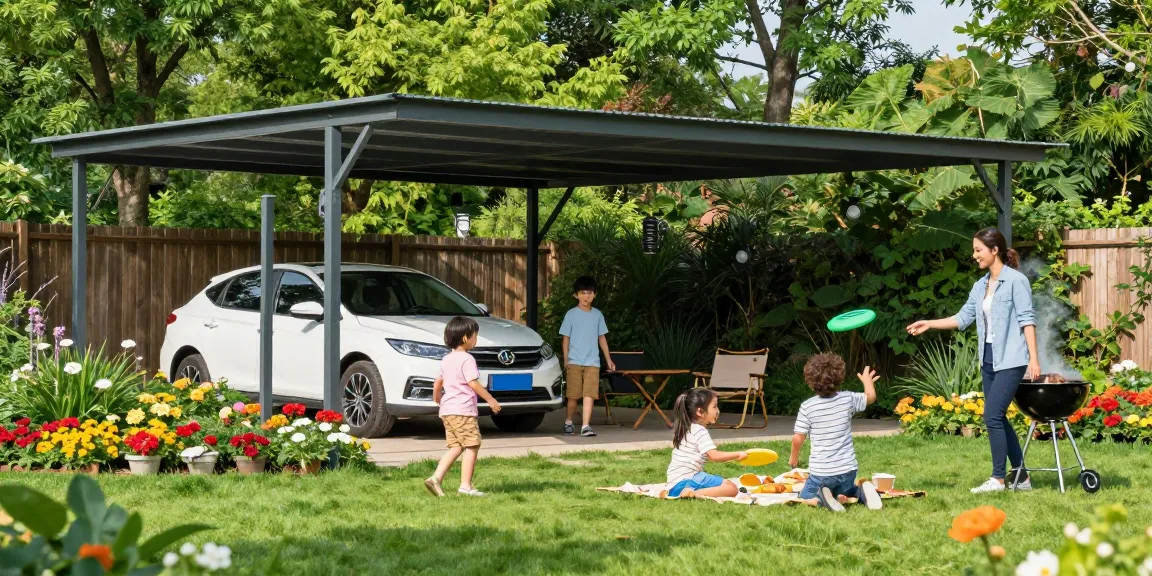 Ein stilvolles Carport schützt ein Fahrzeug und bietet Platz für ein Picknick mit der Familie.