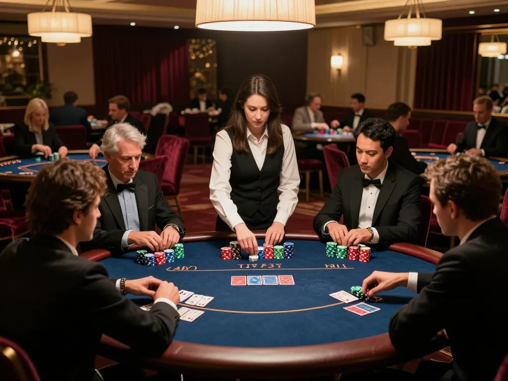 Players intensely strategizing during a high-stakes poker game at VA88 casino.