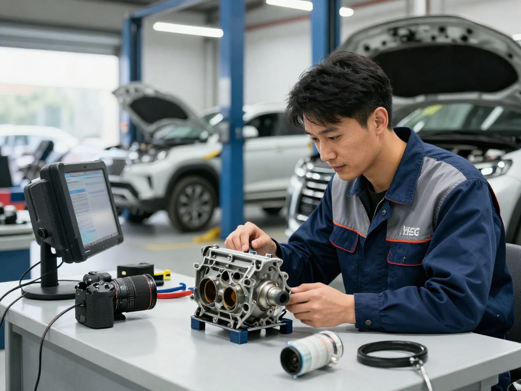 DPF Reinigung Laatzen - Mechaniker überprüft Dieselpartikelfilter in Werkstatt