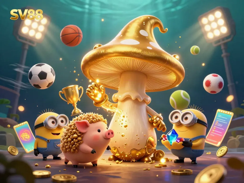 SV88's golden mushroom wizard character generates magical wealth in this dynamic casino scene.