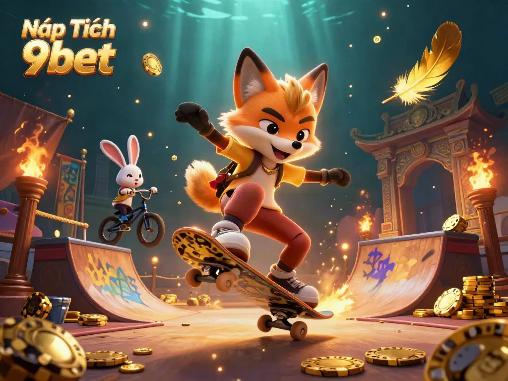Nạp Tiền 9bet with a skateboarder fox and BMX rabbit in a vivid casino-themed scene.
