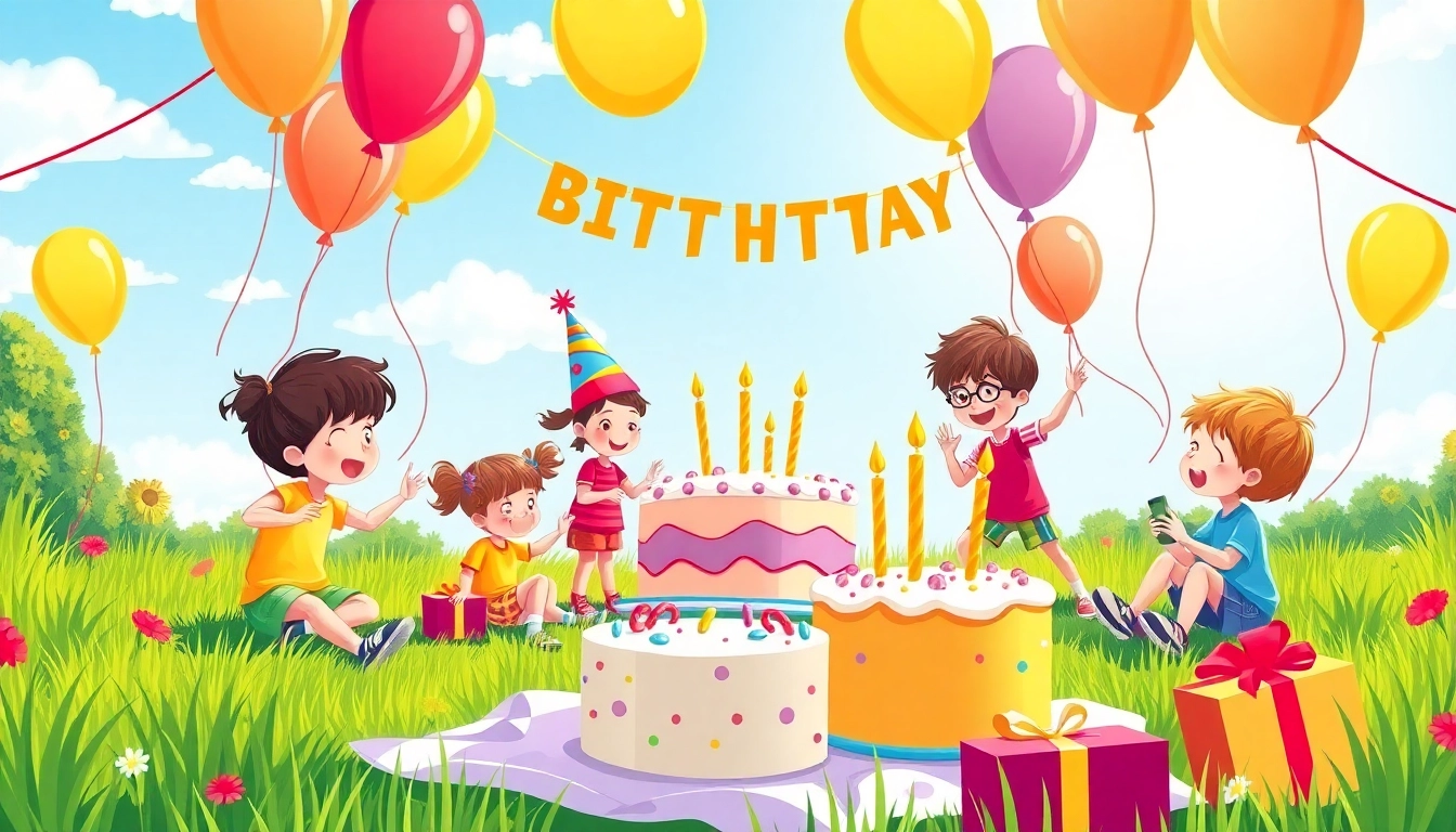 Kindergeburtstag 4 Jahre mit fröhlichen Kindern, bunten Ballons und einem leckeren Kuchen.