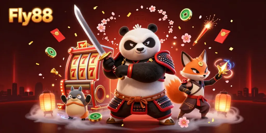 Witness the Fly88 gaming excitement with a cartoon panda samurai and ninja fox amidst vibrant casino elements.
