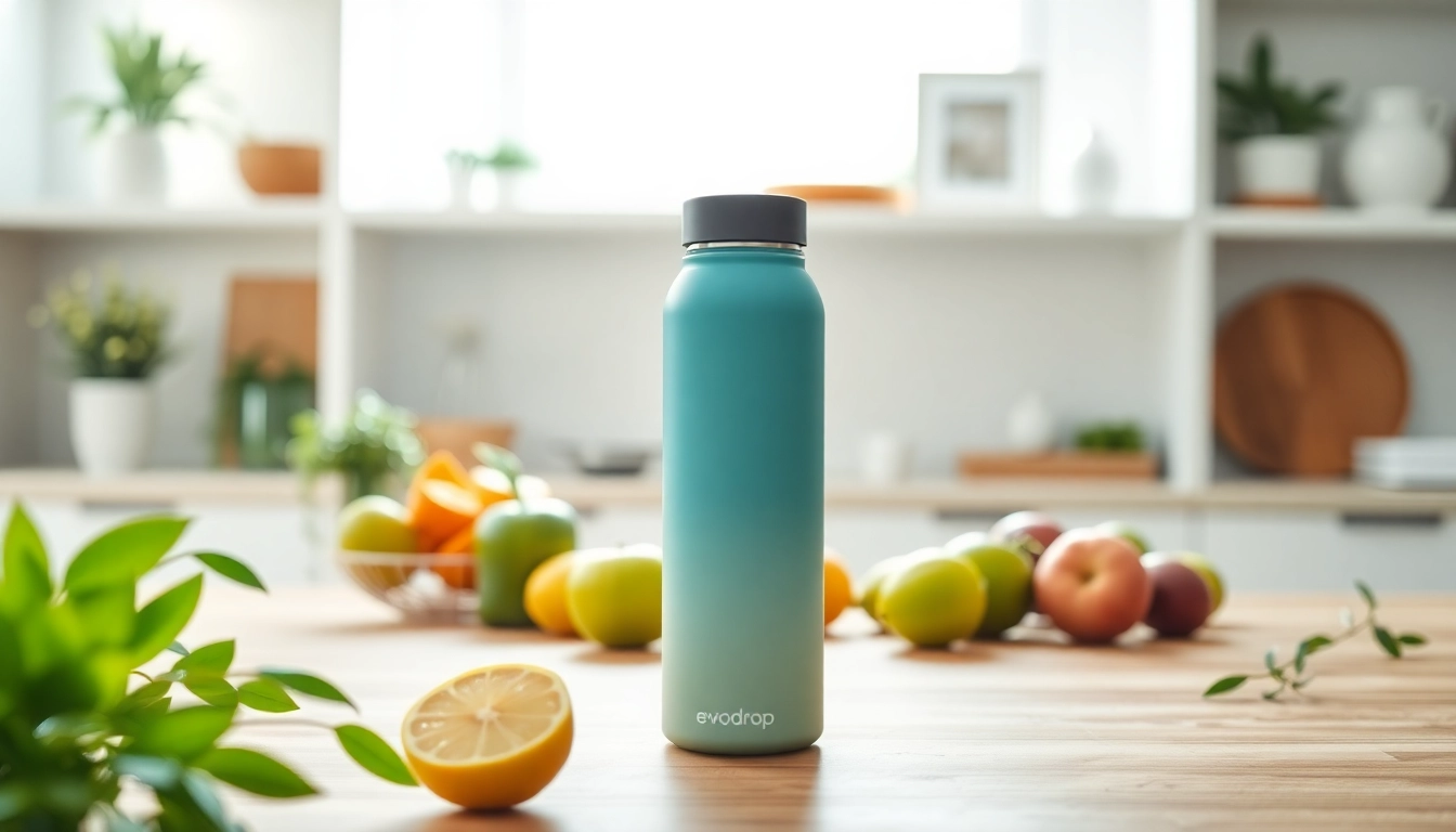 Die evodrop Wasserflasche in einer minimalistischen Küche mit frischen Früchten und Grünpflanzen.