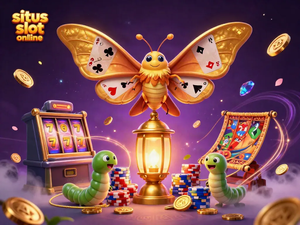 Experience the excitement of situs slot online with vibrant 3D illustrations featuring golden slot reels and dynamic casino scenes.