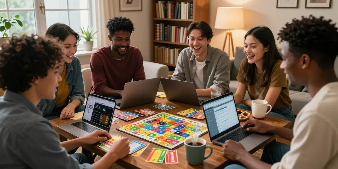 Group of friends enjoying a quiz Allgemeinwissen game, creating a fun and engaging atmosphere.