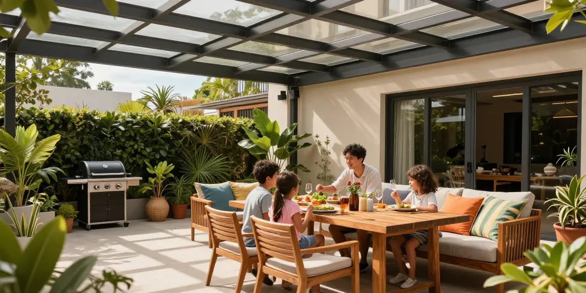 Terrassenüberdachungen in einem modernen Garten mit Familie beim Essen.