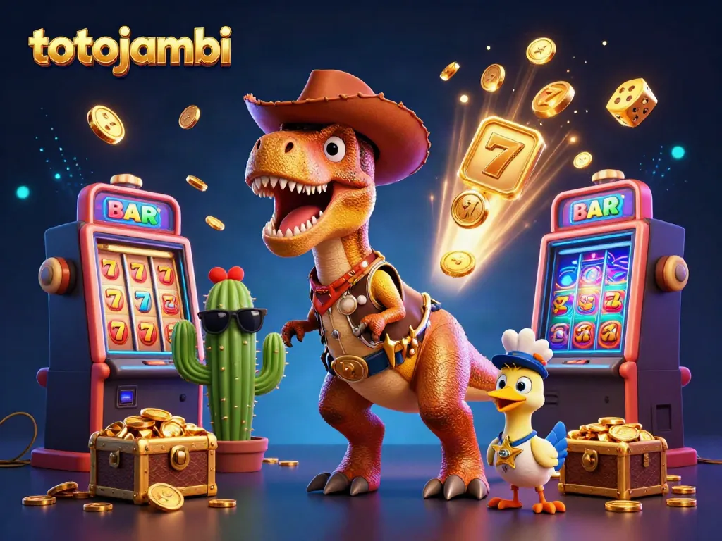 Experience thrilling gameplay with totojambi’s vivid slot machines and animated characters in a dynamic casino scene.