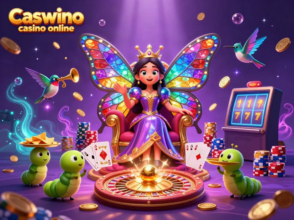 Experience the magic of Caswino casino online with a vibrant 3D illustration of a butterfly queen and casino elements.