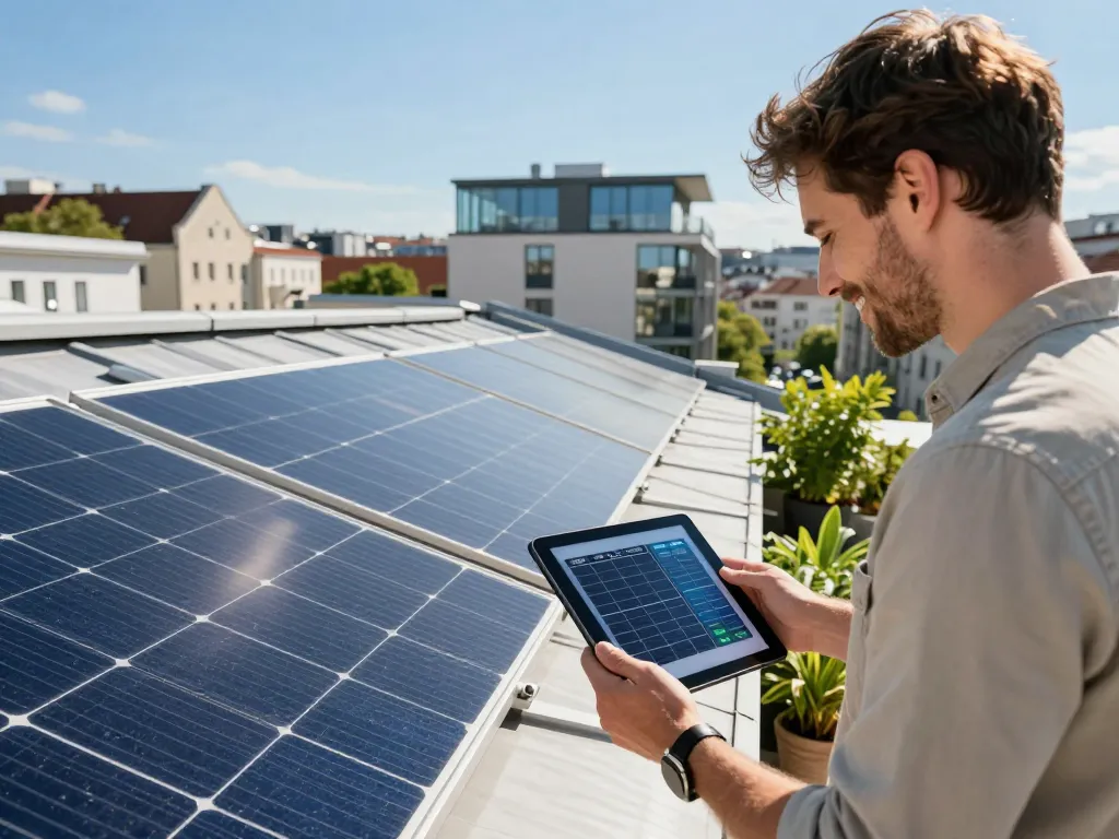 Hausbesitzer inspiziert Solarpanels in Solar Wien und zeigt städtische Lösungen für Solarenergie.