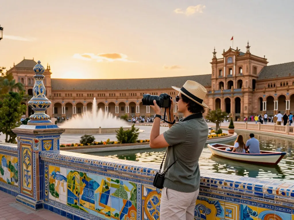 Reisetipps Sevilla: Reisender, der Erinnerungen am Plaza de España während der goldenen Stunde festhält, lebendiges kulturelles Ambiente.