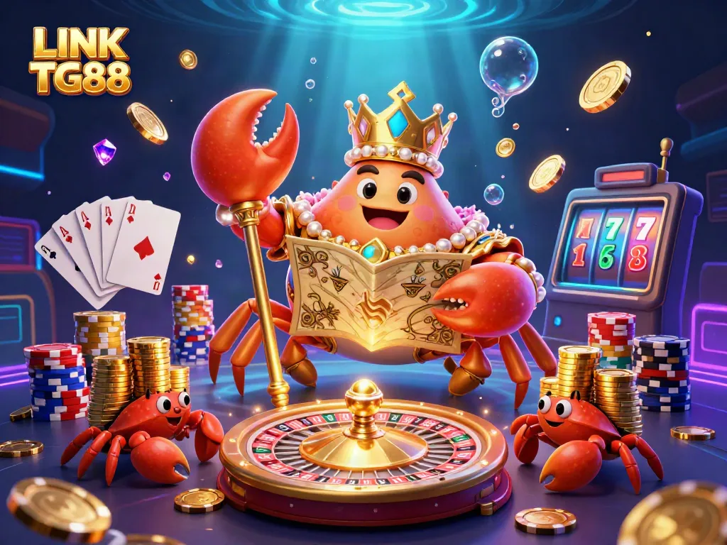 A dynamic casino illustration featuring the LINK TG88 golden crab emperor, casino elements, and vibrant colors.