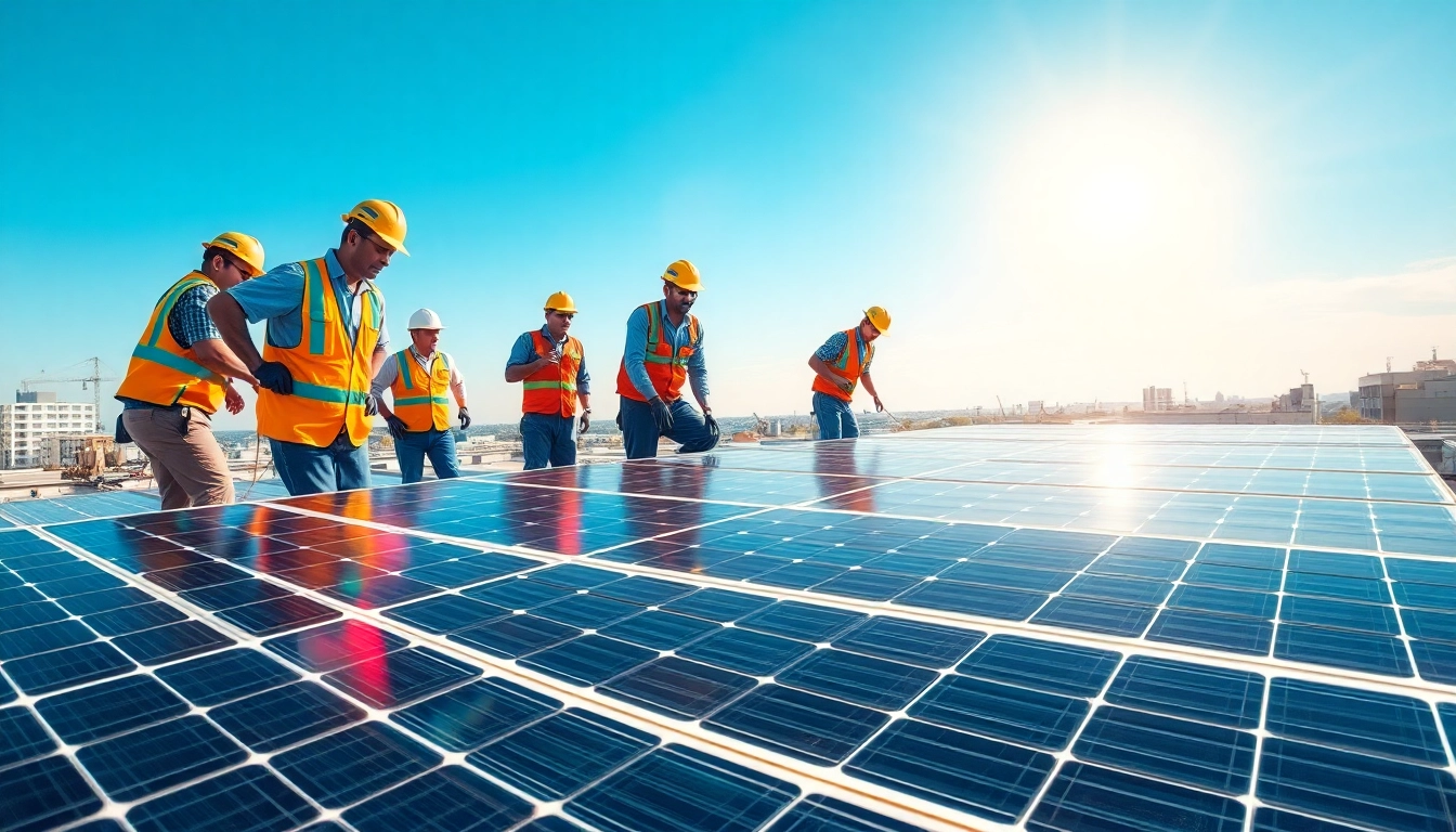 Photovoltaik Leads: Technicians installing solar panels on a modern rooftop.