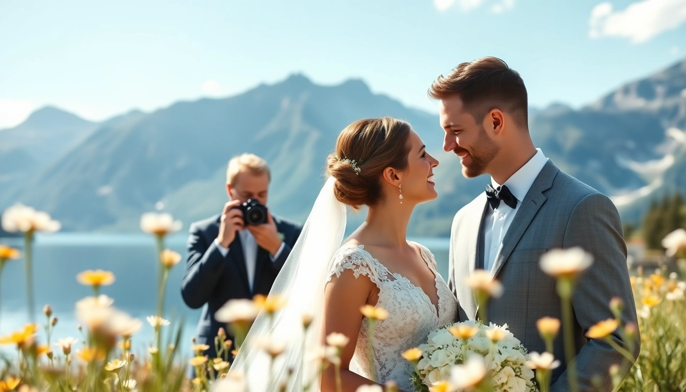 Hochzeitsfotograf Schliersee fängt romantischen Moment eines Paares vor alpiner Kulisse ein.