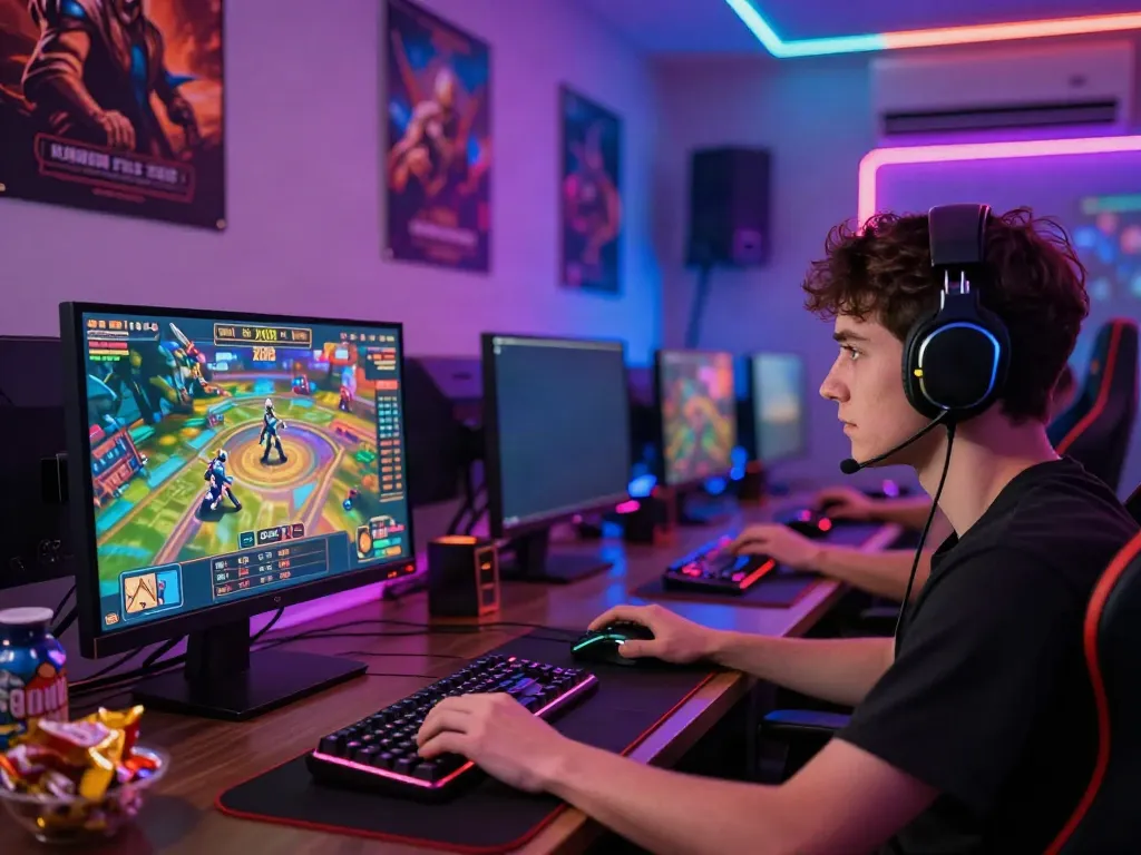Xo88 online gaming setup with vibrant visuals, gaming accessories, and focused player atmosphere.