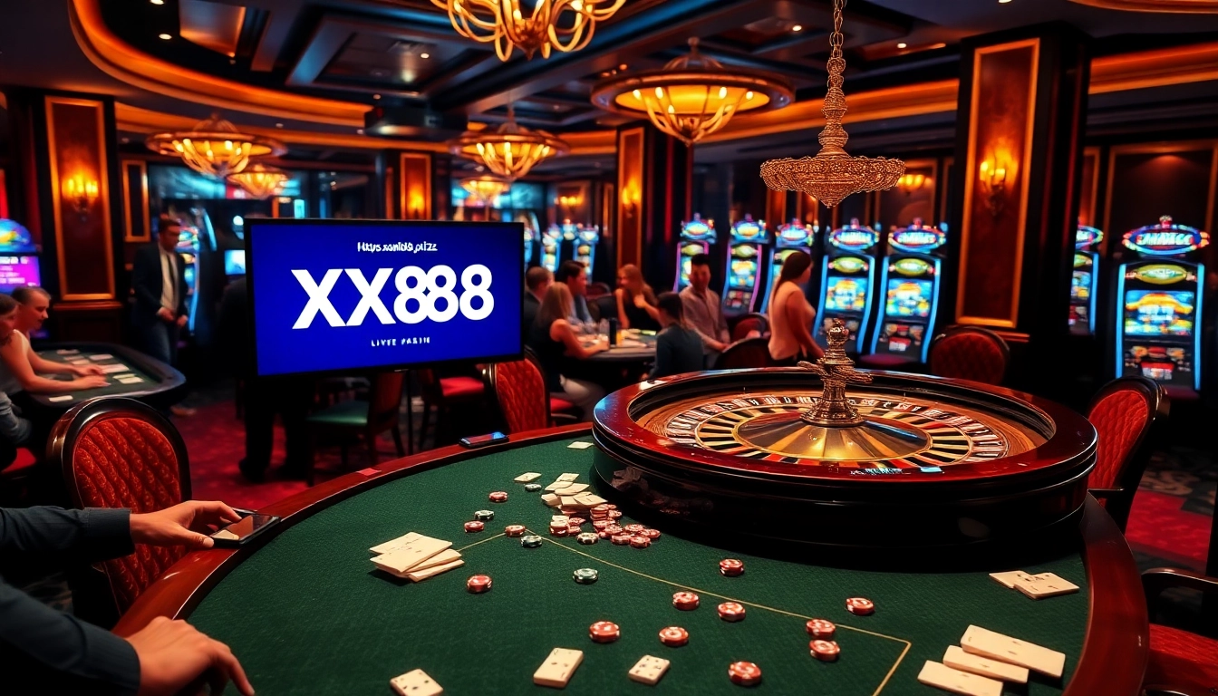 Engage with thrilling gambling action at https://xx88.pizza/ with vibrant roulette and poker tables showcasing excitement.