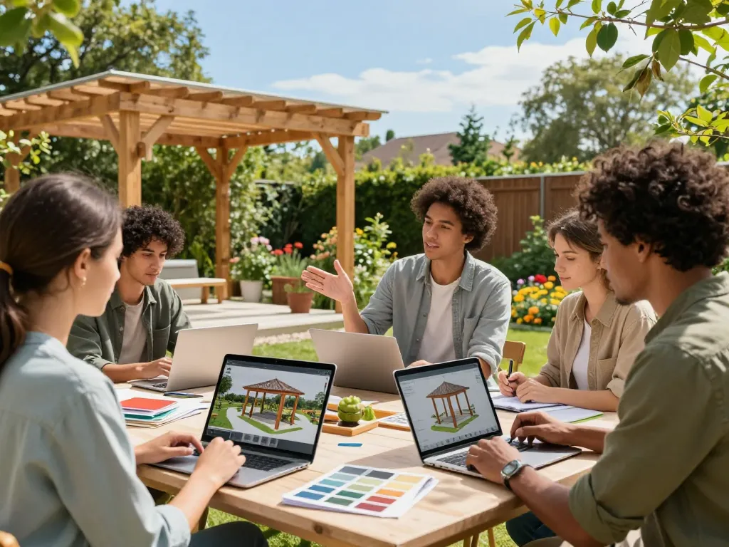 Pergola Konfigurator 3D-Szene mit einem Team, das gemeinsam im Garten mit Laptops Außenstrukturen entwirft, während die Sonne scheint.