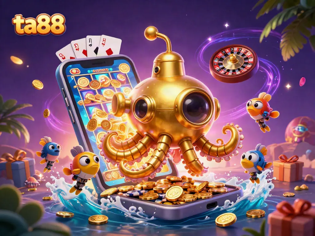 Experience thrilling action at ta88 with a golden kraken submarine amidst a vibrant casino scene.