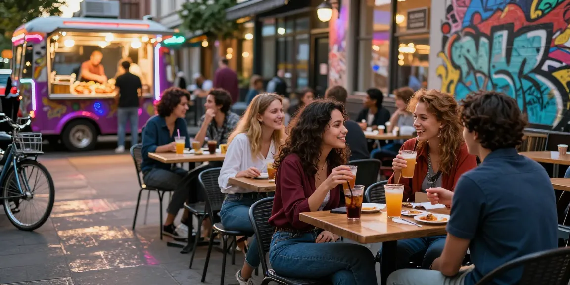 Friends enjoying rokok88 evening in a lively city café with neon lights and gourmet food truck