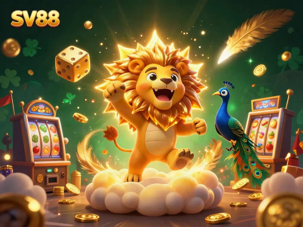 Engage in thrilling gameplay at SV88 with a vibrant 3D scene featuring a roaring lion and dynamic gambling elements.