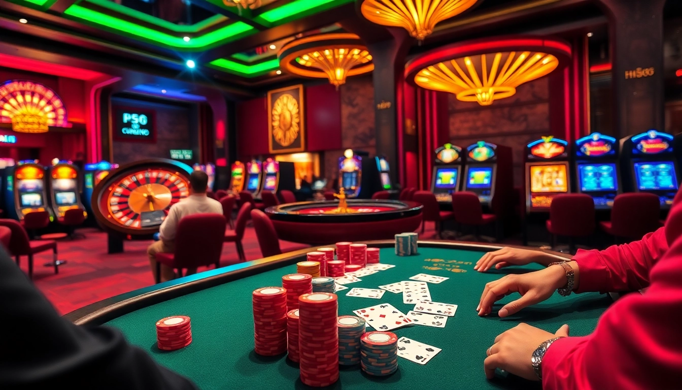 HM88 players enjoying high-stakes poker with vibrant casino elements in a luxurious setting.