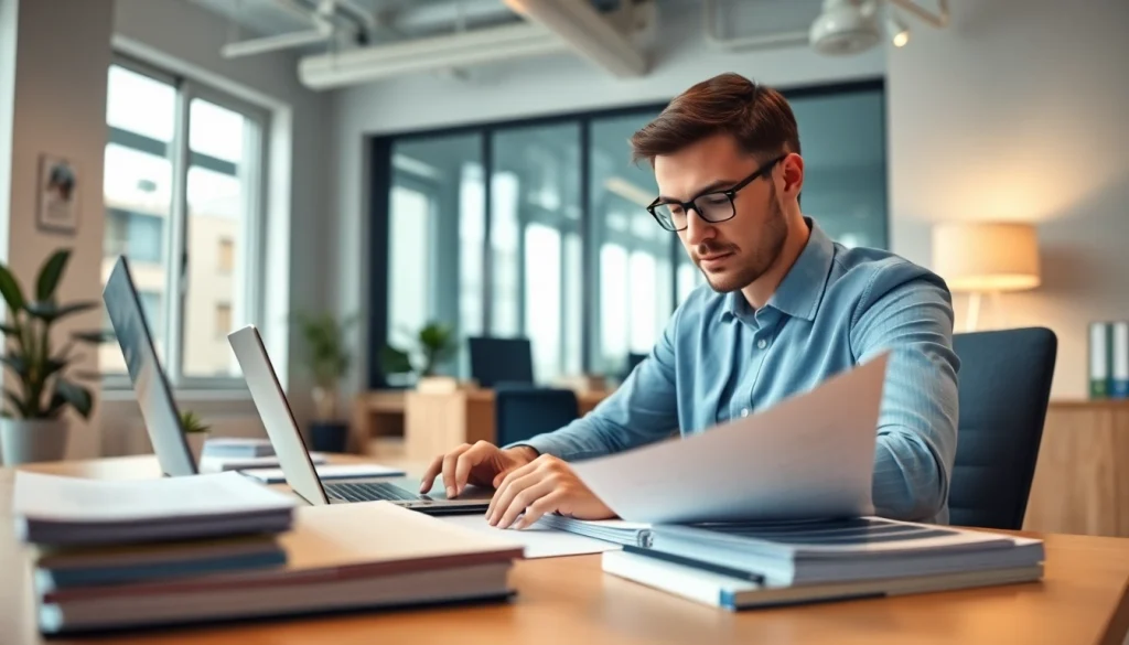 Beeidigter Übersetzer bei professioneller Übersetzungsarbeit in einem modernen Büro.