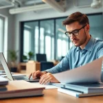 Beeidigter Übersetzer bei professioneller Übersetzungsarbeit in einem modernen Büro.