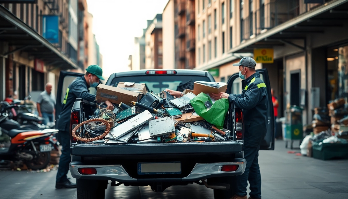 Effizienter Schrotthändler Düsseldorf-Service mit Technikern, die in einer urbanen Umgebung Schrott sammeln.
