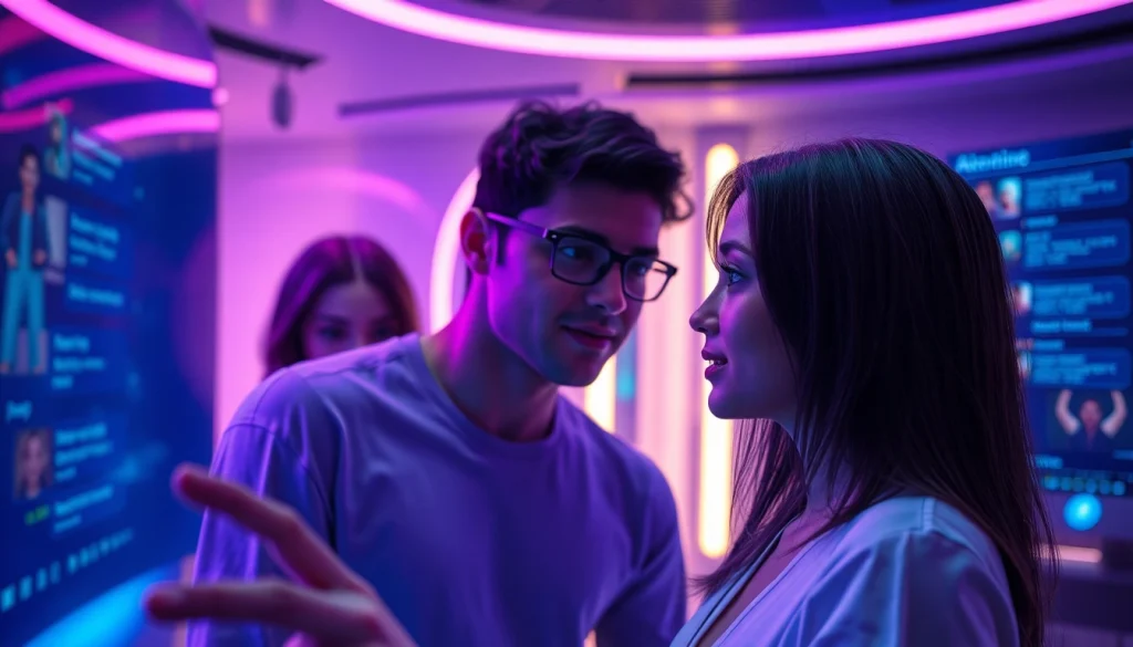 A user engaging in an ai porn chat with a lifelike AI character in a futuristic virtual environment.