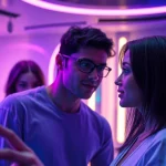 A user engaging in an ai porn chat with a lifelike AI character in a futuristic virtual environment.