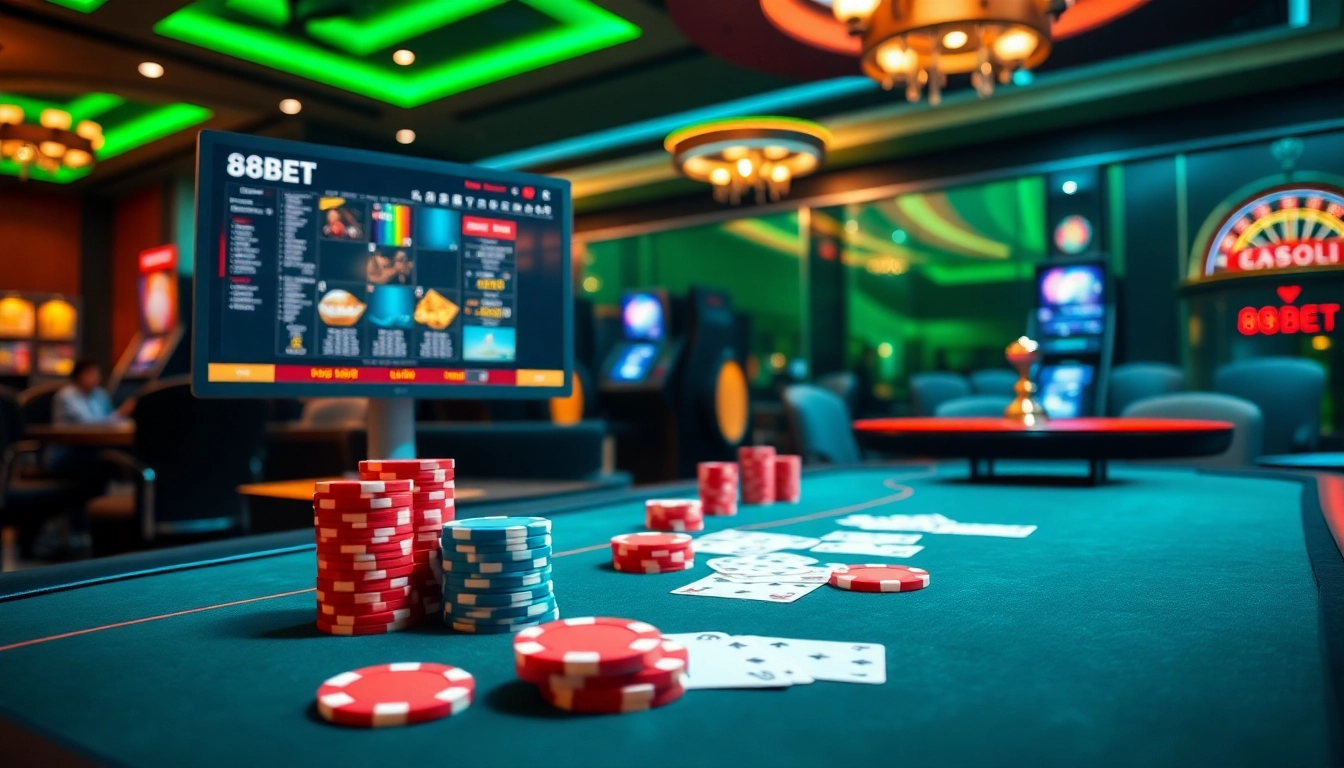 Experience the thrill of 88bet with vibrant casino visuals showcasing poker and roulette.