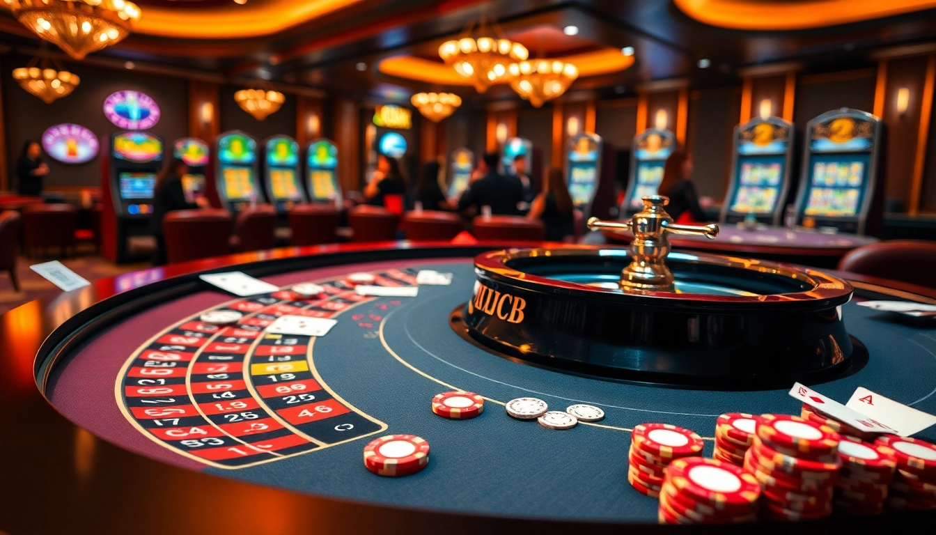 Experience the excitement of gambling at Luck8 with a vibrant casino scene featuring roulette and poker.