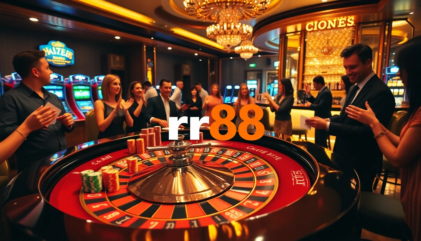Experience the thrill of rr88 at a luxury casino with roulette, cards, and vibrant décor.