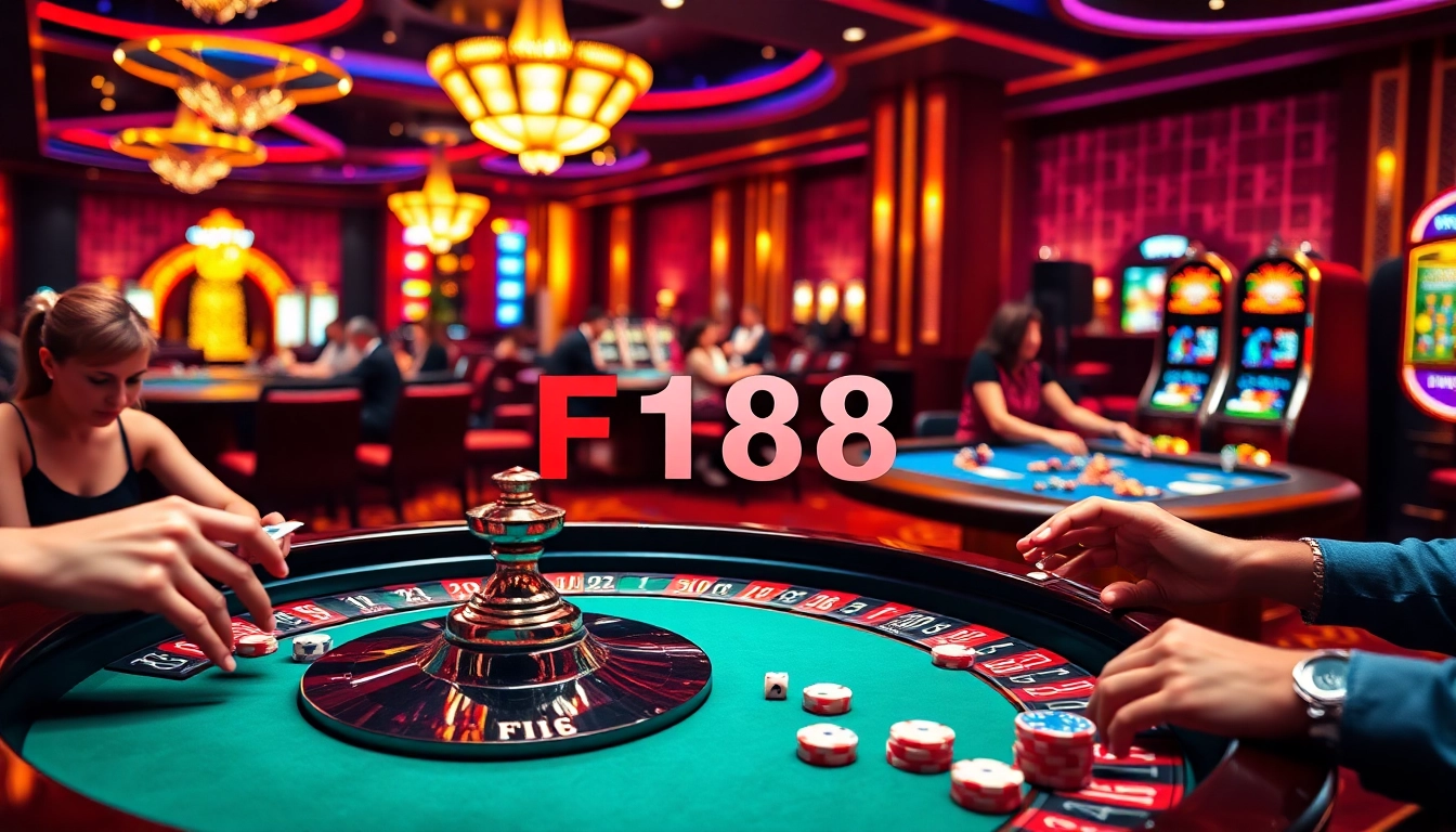 Betting on F168 as players engage at a luxurious casino table with roulette wheels and cards.
