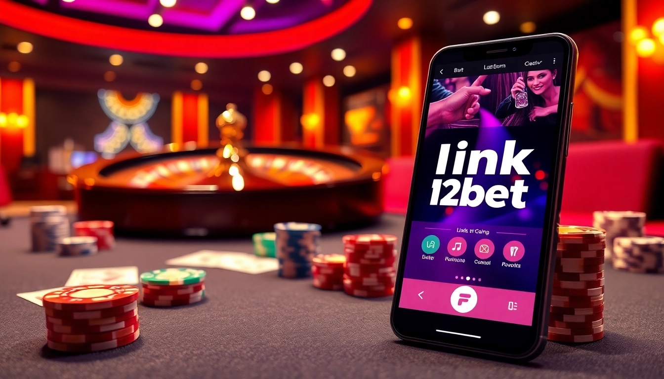 Engaging scene highlighting link 12bet within a luxurious online casino setup featuring poker chips and casino tables.