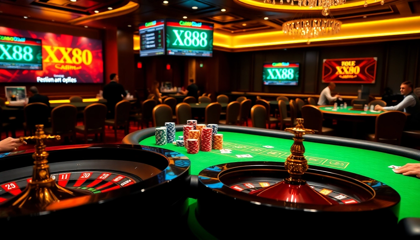 Experience the excitement of poker and roulette at XX88 with vibrant gaming elements and high-stakes action.